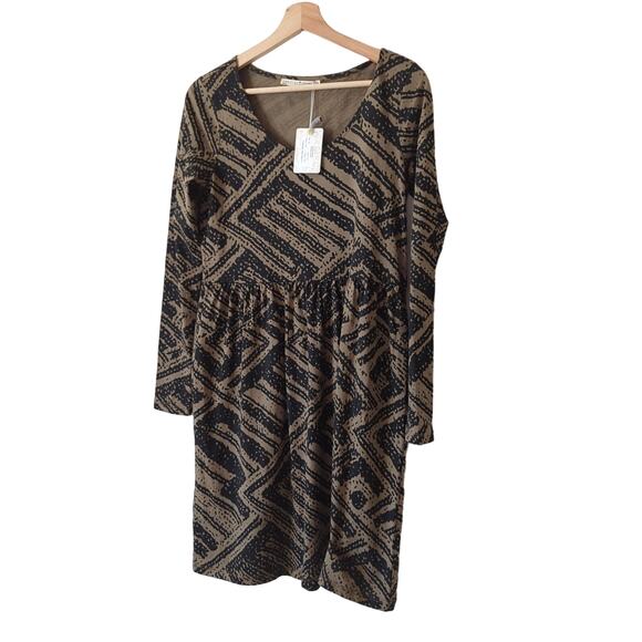 NWT Peruvian Connection Dress Womens XS Long Sleeve Pima Cotton Olive Blockprint - Picture 2 of 11